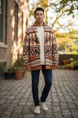 Zara Man Denim Couture Southwestern Geometric Toggle Shawl Cardigan Sweater M